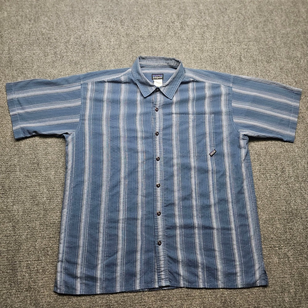 Patagonia Mens Blue Striped Short Sleeve Button Down Shirt Large 52908 S7